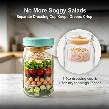 32Oz Glass Salad Jars for Meal Prep 4-Pack, round Mason Salad Jars with Dressing Cup & Leakproof Lid, Anti-Soggy Salad Shaker for Office & Fitness, Precision Portion Control, Wellness