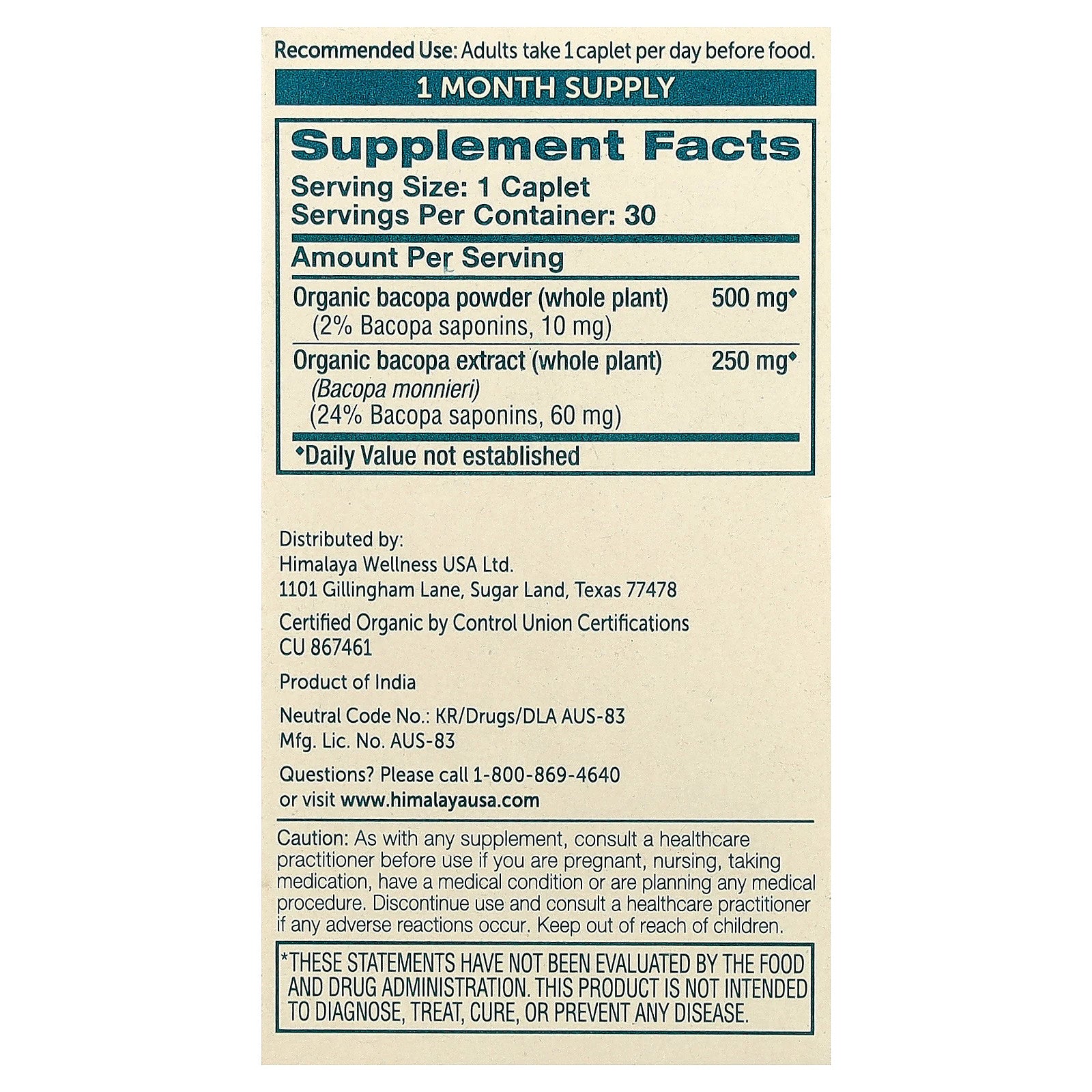 Organic Bacopa, 30 Caplets