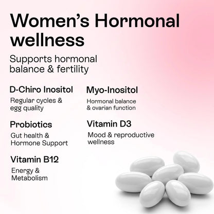 Myo Inositol D Chiro Inositol Supplement for Women Hormone Balance Healthy Ovarian Support 40:1 Myo Inositol Blend with Folate Vitamin D3 B12 & 20 Billion CFU Probiotics 60 Capsules