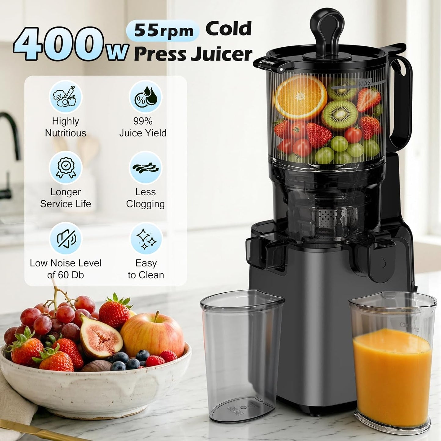 Juicer Machines with 5.8" Large Chute, 2-In-1 Cold Press Juicer for Whole Vegetables Fruits 400W, Masticating Juicer Easy to Clean Juice Extractor Machine for Making Nut Mike, Juice, Premium Gray