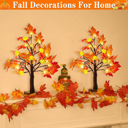Fall Decor 2 Pack 18 Inch Prelit Fall Maple Tree Fall Decorations for Home with 48 Leds Timer Battery Operated Pumpkin Lights Lighted Thanksgiving Halloween Decor Table Mantle Indoor Outdoor