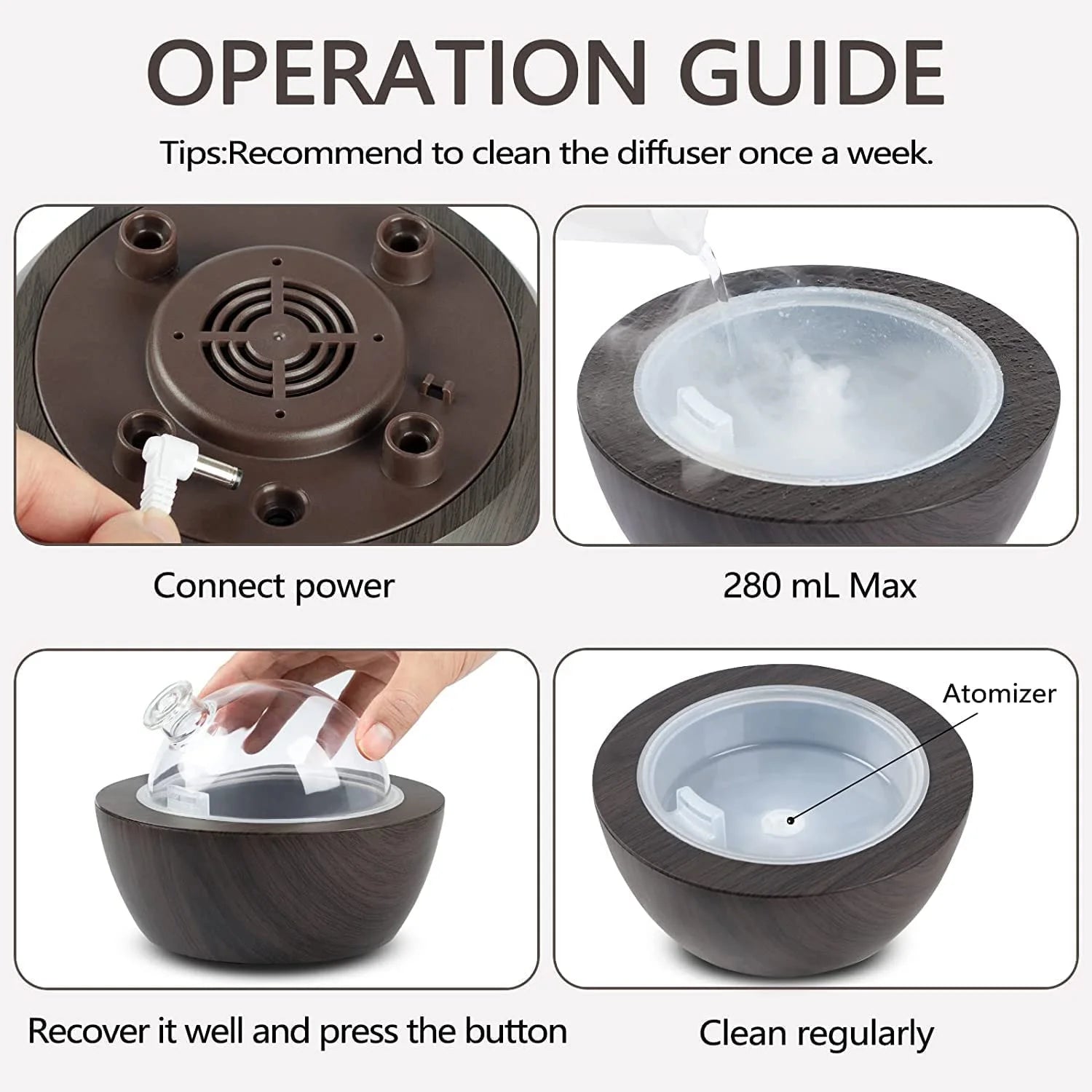 280Ml Glass Essential Oil Diffuser Aromatherapy Diffusers Ultrasonic Cool Mist Humidifier with 2 Mist Modes & 7 Color LED Lights and Waterless Auto Shut-Off for Home Office Spa Bedroom,Dark Wood Grain