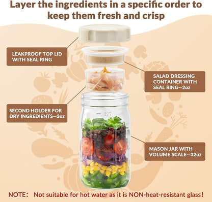 4 Pack Glass Salad Jars with Lids Meal Prep, Leakproof Container for Lunch, Two Small Built-In Boxes with Wet/Dry Separation for Salad Dressing and Dry Ingredients, 32Oz Mason Jars