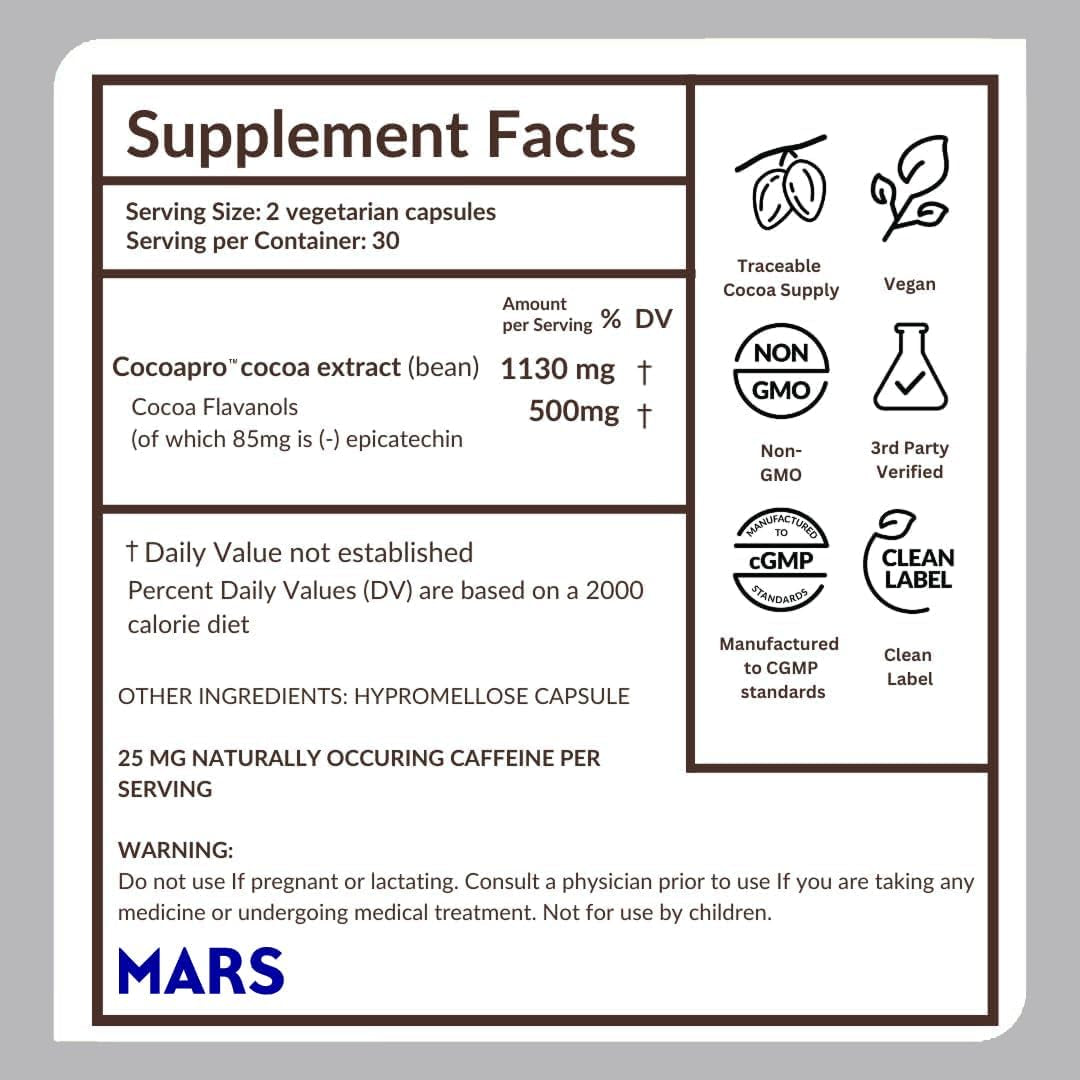 Cardio Health Supplement, 60 Day, 500Mg Cocoa Flavanols, Support Heart Health, Boost Nitric Oxide, Blood Circulation, Energy, Vegan, Dark Chocolate, 120 Capsules
