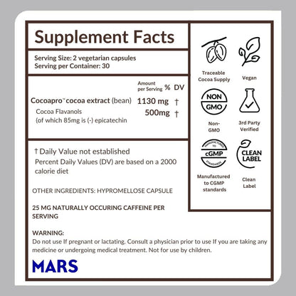 Cardio Health Supplement, 60 Day, 500Mg Cocoa Flavanols, Support Heart Health, Boost Nitric Oxide, Blood Circulation, Energy, Vegan, Dark Chocolate, 120 Capsules