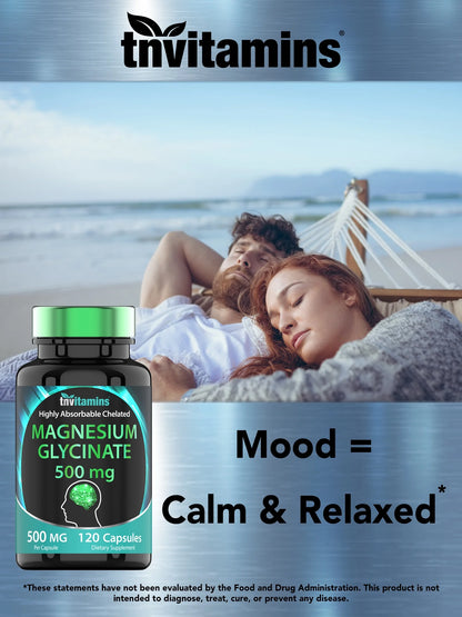 Magnesium Glycinate 500 Mg per Capsule Dietary Supplements for Sleep Mood Stress Muscle and Nerve Health, 120 Count