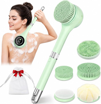 Electric Body Brush Back Scrubber for Shower, Waterproof Long Handle Power Auto Body Scrubber with 5 Heads, 3-Speed Rechargeable Bath Brush for Women, Men, Deep Cleansing, Exfoliating, Massage Skin