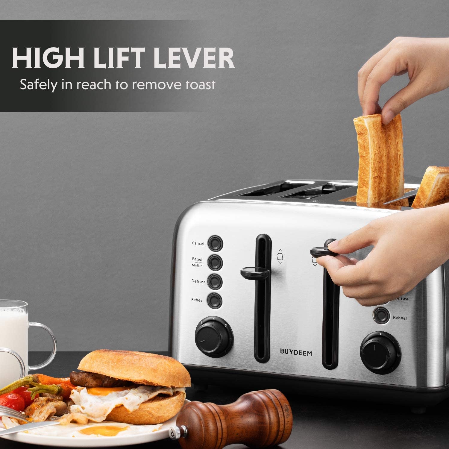 DT640 4-Slice Toaster, Extra Wide Slots, Retro Stainless Steel with High Lift Lever, Bagel and Muffin Function, Removal Crumb Tray, 7-Shade Settings,Stainless Steel