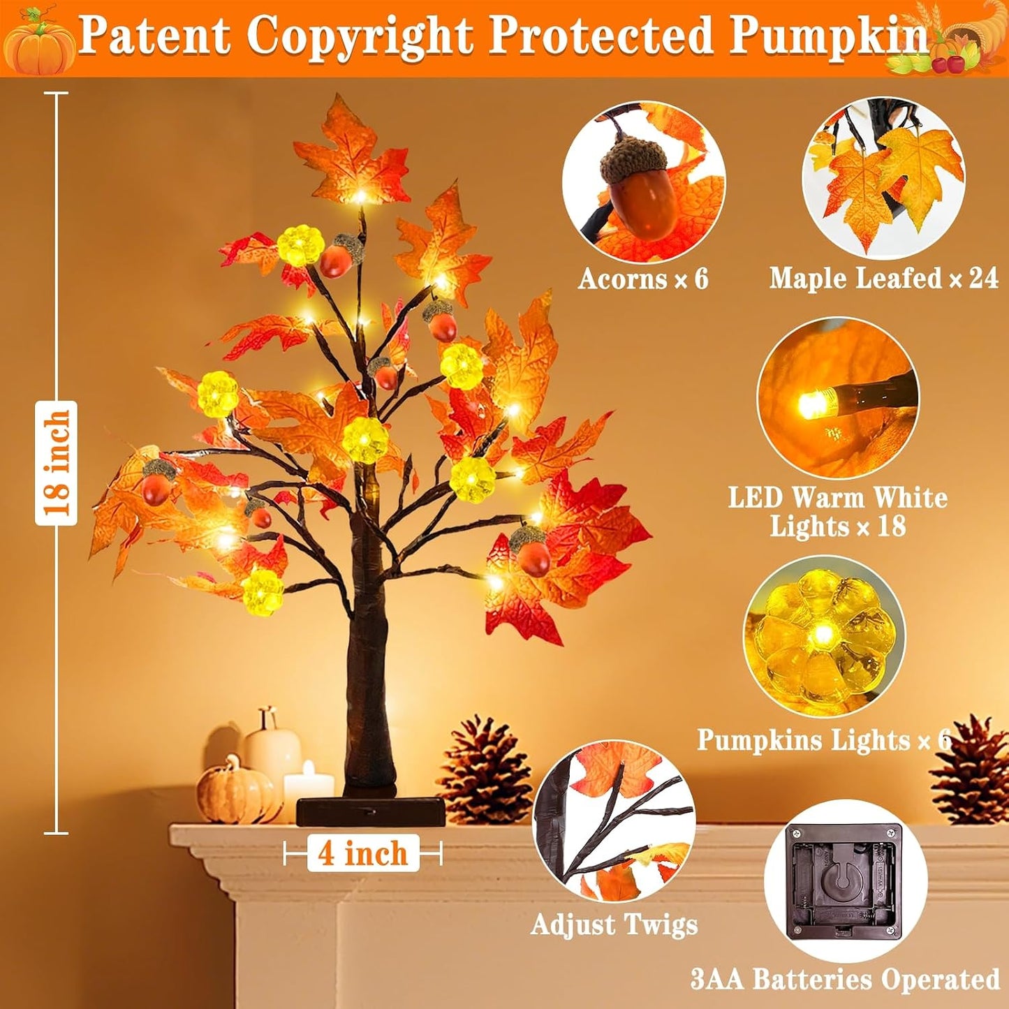 Fall Decor 2 Pack 18 Inch Prelit Fall Maple Tree Fall Decorations for Home with 48 Leds Timer Battery Operated Pumpkin Lights Lighted Thanksgiving Halloween Decor Table Mantle Indoor Outdoor