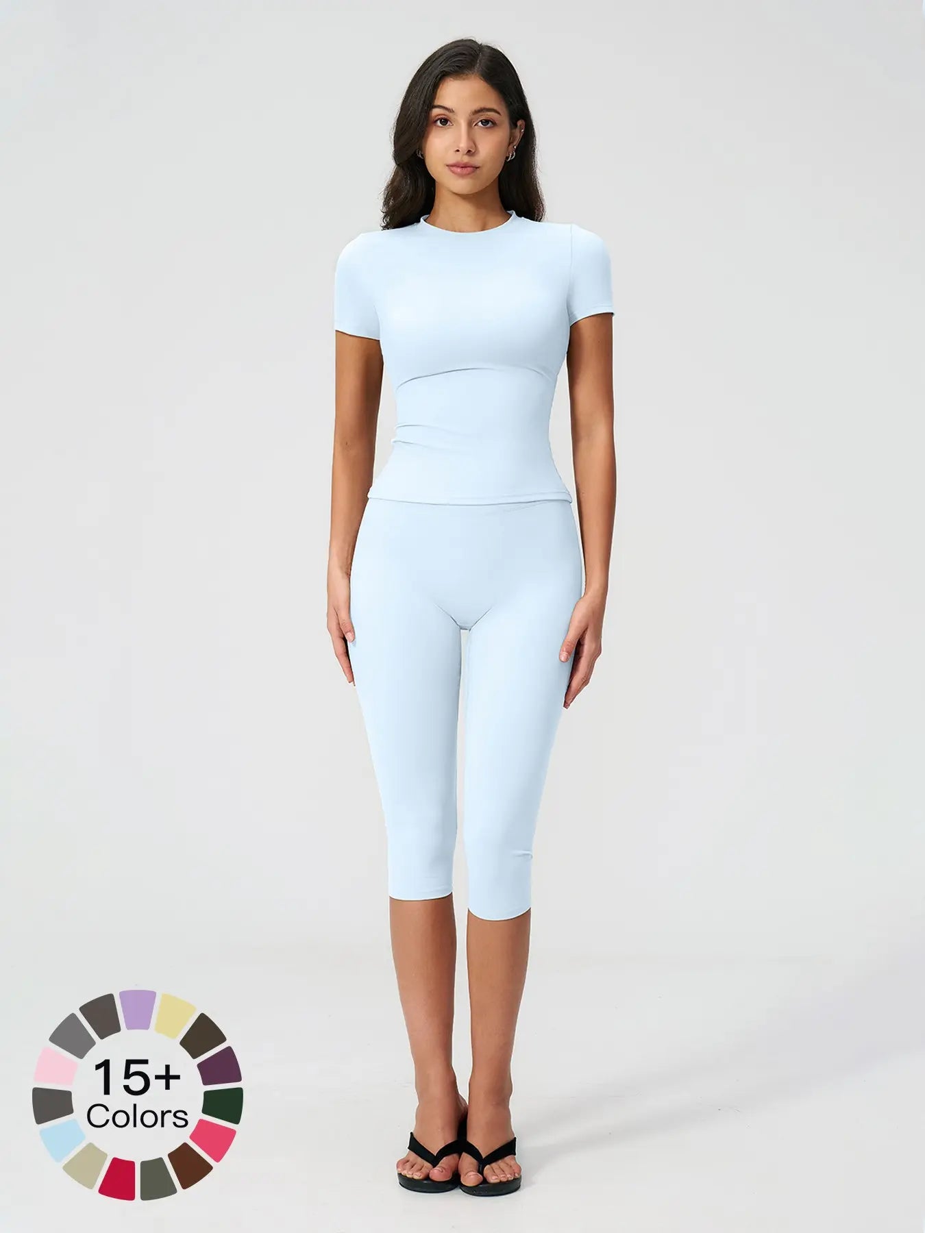 Breathable Tight Yoga Set, Quick-Dry Fitness Wear, Versatile Short Sleeve Tee & High Waist Capri Pants, Sporty Outfit for All Seasons, Solid Sports Sets