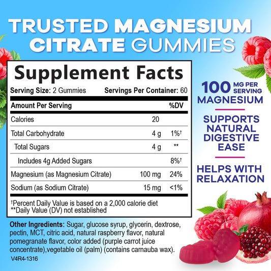 Magnesium Citrate Gummies - High Absorption Magnesium Citrate Gummy Supplement - Natural Bone, Nerve, Muscle, Calm, & Relaxation Support for Adults - Raspberry Flavor, Gluten Free, Vegan, 120 Gummies