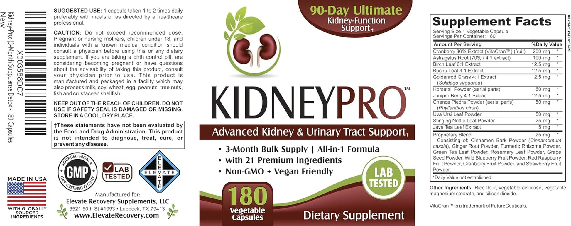 Kidney-Pro (3-Month) with 21 Kidney Support Supplements in 1 Formula | Men & Women | Health Supplement Complex | 90-Day Bulk Supply | 180 Capsules