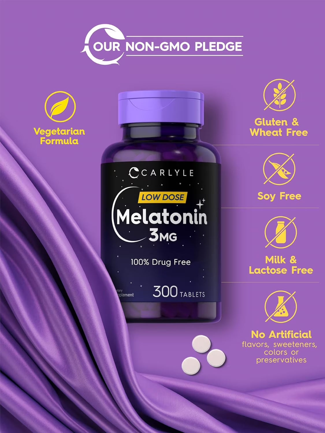 Melatonin 3Mg | 300 Vegetarian Tablets for Men and Women | by Carlyle