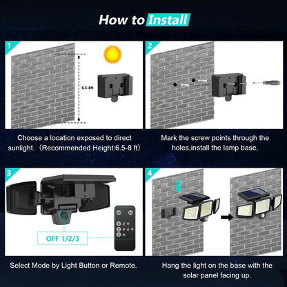 Tuffenough Solar Outdoor Lights 2500LM 210LED Security Lights,3 Heads Dimmable Spotlights with 3 Modes,Ip65 Waterproof,Suitable for Yard, Garage, Porch,Patio, Garden,Farm,Chicken Coop, Barn,Horse Stable,Pool,Father'S Day Gift