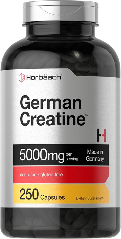 Horbaach German Creatine Monohydrate | 5000Mg | 250 Powder Capsules | Non-Gmo & Gluten Free Supplement