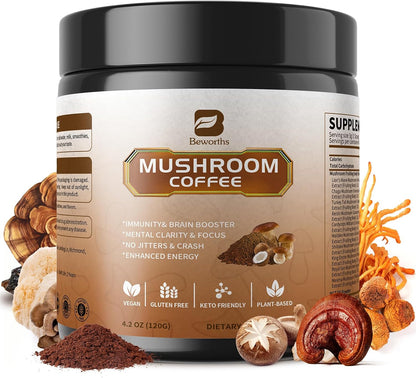 Mushroom Coffee -10 Mushroom Instant Coffee Powder with Lion'S Mane, Reishi, Chaga, Cordyceps, and Turkey Tail | Mushroom Coffee Alternative for Immune Boost, Mental Clarity & Focus, Digestion Health