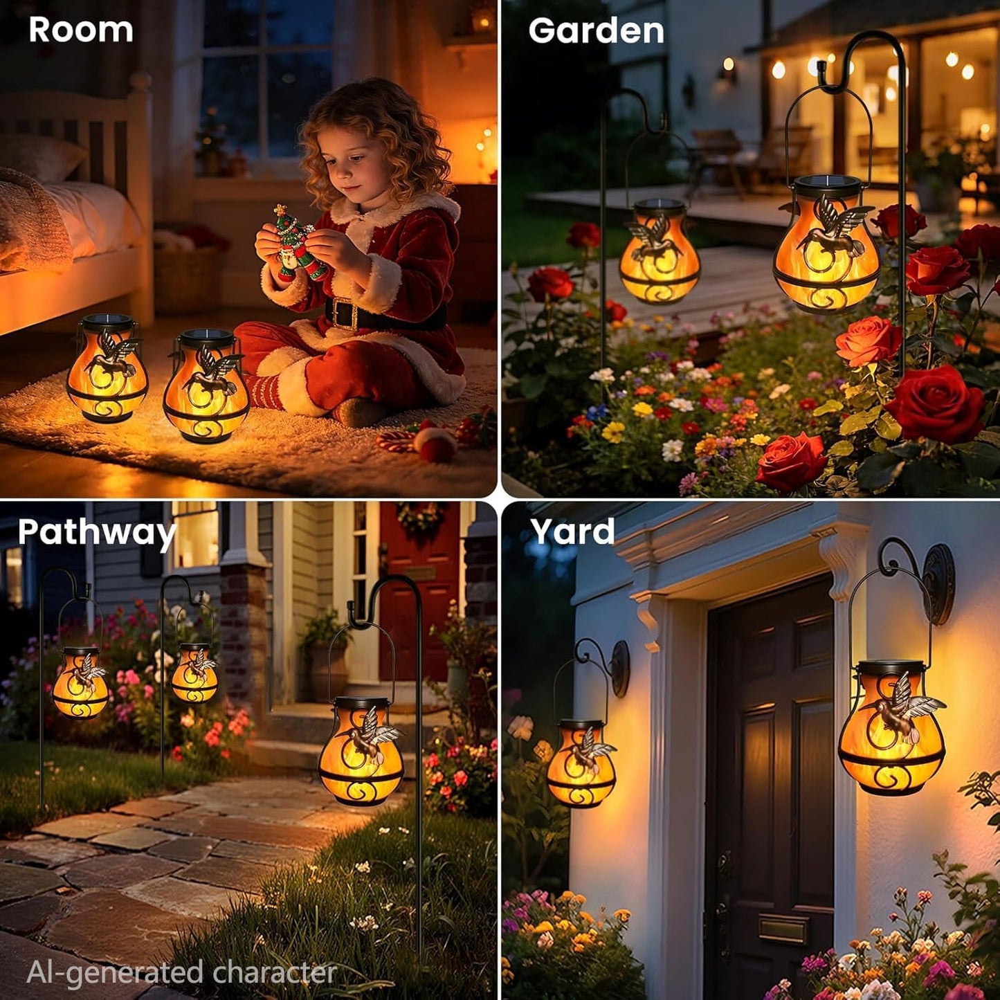 2 Pack Solar Lanterns Outdoor Waterproof Flickering Flame Light Hummingbird Hanging Solar Powered Lantern for Yard Patio Porch Outdoor Garden Decor，Gifts for Women and Moms