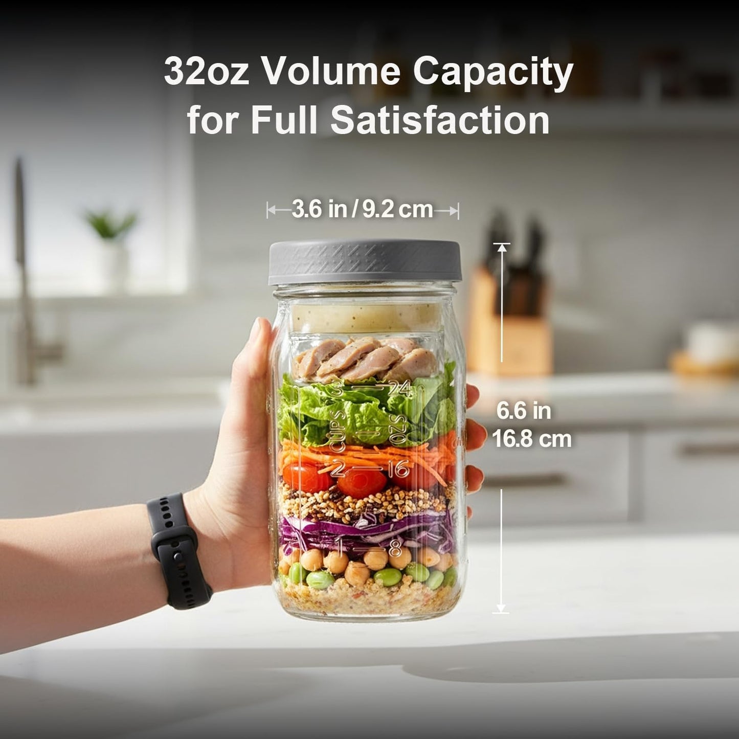 32Oz Glass Salad Jars for Meal Prep 4-Pack, round Mason Salad Jars with Dressing Cup & Leakproof Lid, Anti-Soggy Salad Shaker for Office & Fitness, Precision Portion Control, Wellness