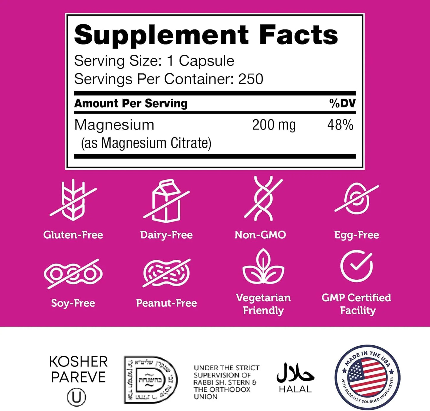 Magnesium Citrate 200 Mg Capsules, Advanced Magnesium Supplements for Muscle & Nerve Health, Bioactive Magnesium, 250 Capsules