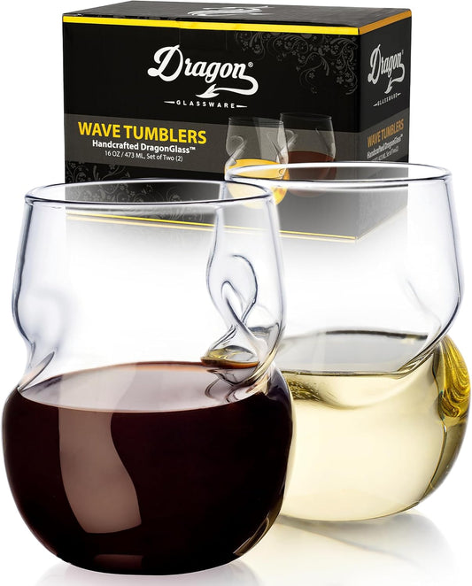Stemless Wine Glasses - 16 Oz Clear Short Wine Glasses Set of 2 with Finger Indentations - Aerates Naturally