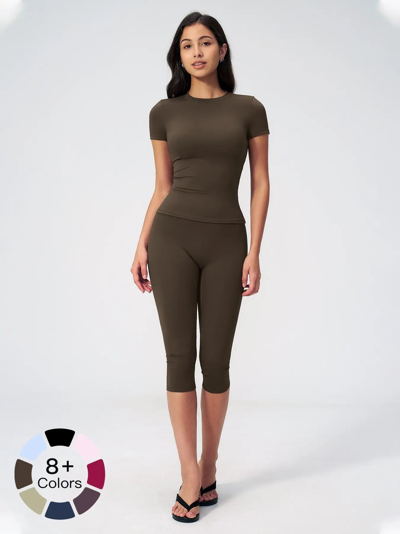 Breathable Tight Yoga Set, Quick-Dry Fitness Wear, Versatile Short Sleeve Tee & High Waist Capri Pants, Sporty Outfit for All Seasons, Solid Sports Sets