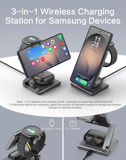 4 in 1 Wireless Charging Station for Samsung, Foldable Aluminum Magnetic Charger with LED Light for Samsung Galaxy S25/Ultra/S24/S23/S22, Galaxy Watch 8/7/6/5, Galaxy Buds/Pro