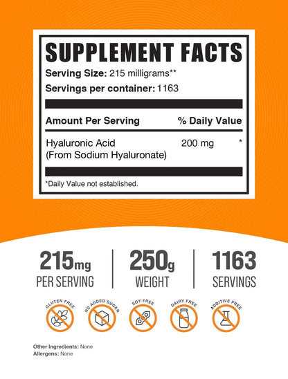 Bulksupplements Hyaluronic Acid Powder - 215Mg per Serving - 250 Grams (8.8 Oz) - 1163 Servings