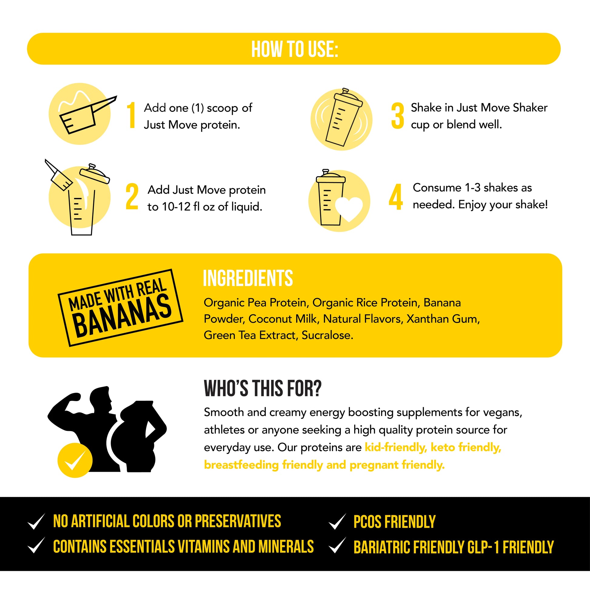 Just Move Protein - Banana Pudding - Vegan (Plant Based) Organic, Dairy Free, Soy Free, Gluten Free, Keto, Peanut Free, 20G Protein, Low Carb, Non GMO Supplements Fitness Dietary Supplement Loaded Workout Nutrition Powder Dessert Flavor Healthy Fruit