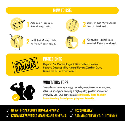 Just Move Protein - Banana Pudding - Vegan (Plant Based) Organic, Dairy Free, Soy Free, Gluten Free, Keto, Peanut Free, 20G Protein, Low Carb, Non GMO Supplements Fitness Dietary Supplement Loaded Workout Nutrition Powder Dessert Flavor Healthy Fruit