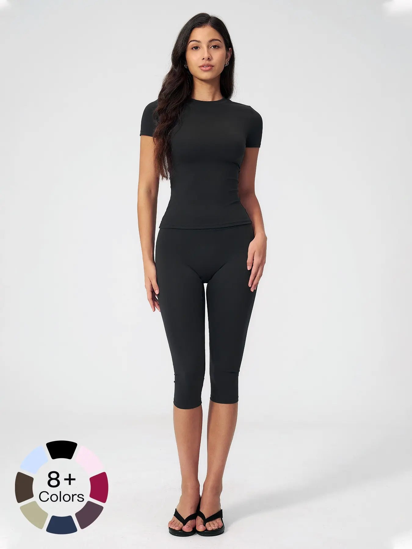 Breathable Tight Yoga Set, Quick-Dry Fitness Wear, Versatile Short Sleeve Tee & High Waist Capri Pants, Sporty Outfit for All Seasons, Solid Sports Sets