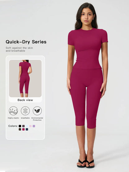 Breathable Tight Yoga Set, Quick-Dry Fitness Wear, Versatile Short Sleeve Tee & High Waist Capri Pants, Sporty Outfit for All Seasons, Solid Sports Sets