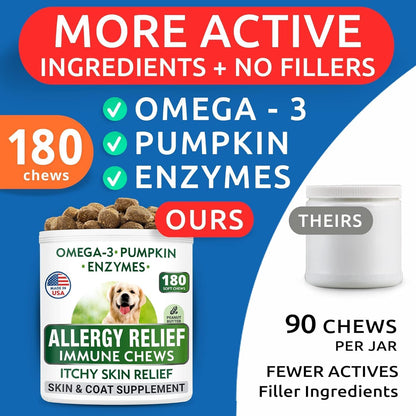 Dog Allergy Relief Soft Chews for Skin Health & Seasonal Allergies - Anti-Itch Supplement W/Omega-3, Quercetin & Bromelain Immune Treats for Dry Skin & Hot Spots - Peanut Butter - 180Ct