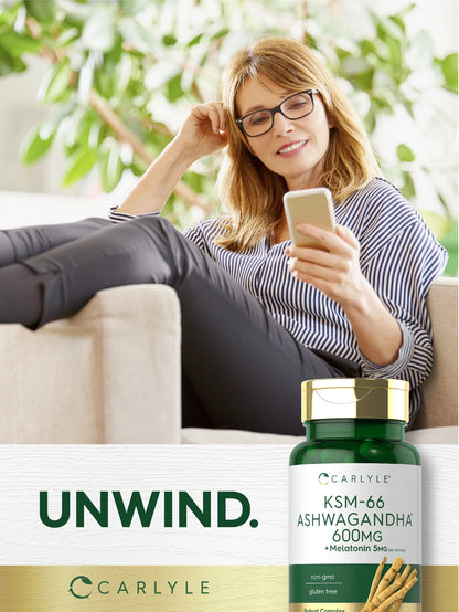 KSM-66 Ashwagandha Capsules 600Mg | 70 Count for Men and Women | with Melatonin 5Mg | by
