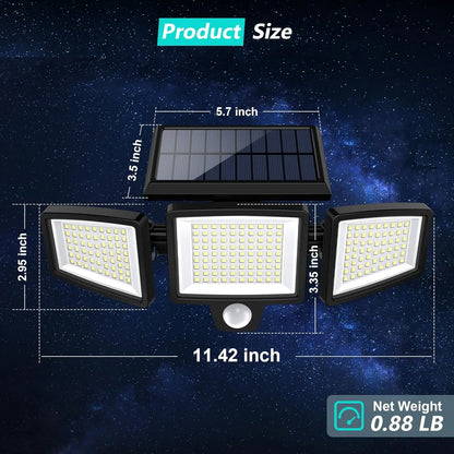 Tuffenough Solar Outdoor Lights 2500LM 210LED Security Lights,3 Heads Dimmable Spotlights with 3 Modes,Ip65 Waterproof,Suitable for Yard, Garage, Porch,Patio, Garden,Farm,Chicken Coop, Barn,Horse Stable,Pool,Father'S Day Gift
