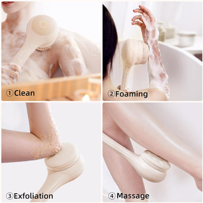 Electric Body Brush Back Scrubber for Shower, Waterproof Long Dual Handle Body Scrubber with 3 Heads, Bath Brush & 2 Speeds, for Cleansing, Exfoliating and Massaging Skin, Chrysanth Pink