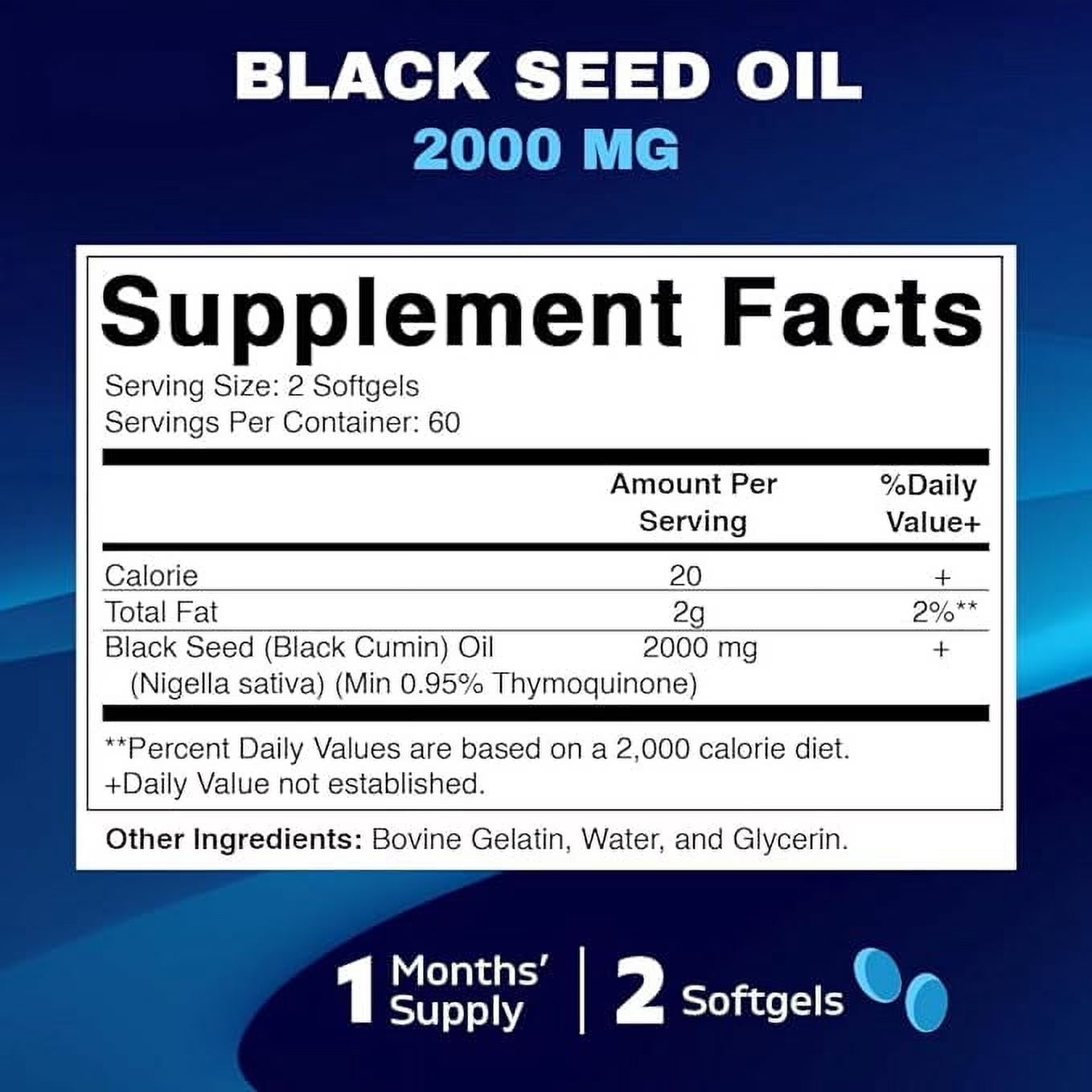 Black Seed Oil Capsules - 2000 Mg per Serving - 120 Softgels - Colde Pressed - Contains Min 0.95% Thymoquinone - Supports Healthy Immune Response - Made in the USA