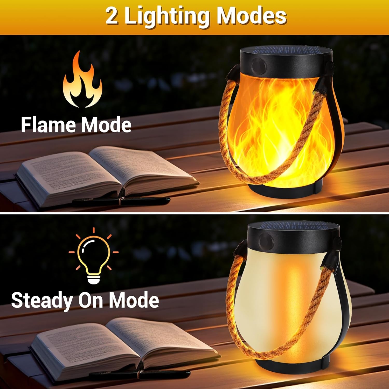 Solar Lanterns Outdoor Lights, 2 Pack Waterproof Flickering Flame Hanging Lanterns with 2 Modes, Dual Charging Usb/Solar Solar Lights for Camping Patio Garden Yard Porch Deck Outdoor Decor