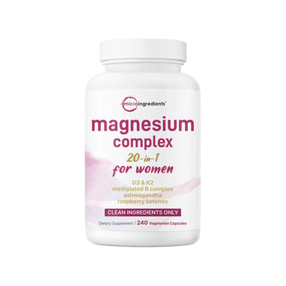 Magnesium Complex for Women, 240 Vegetarian Capsules | 20-In-1 Formula - Magnesium Blend with Vitamin D3, K2, Ashwagandha & More | Filler Free, Non-Gmo