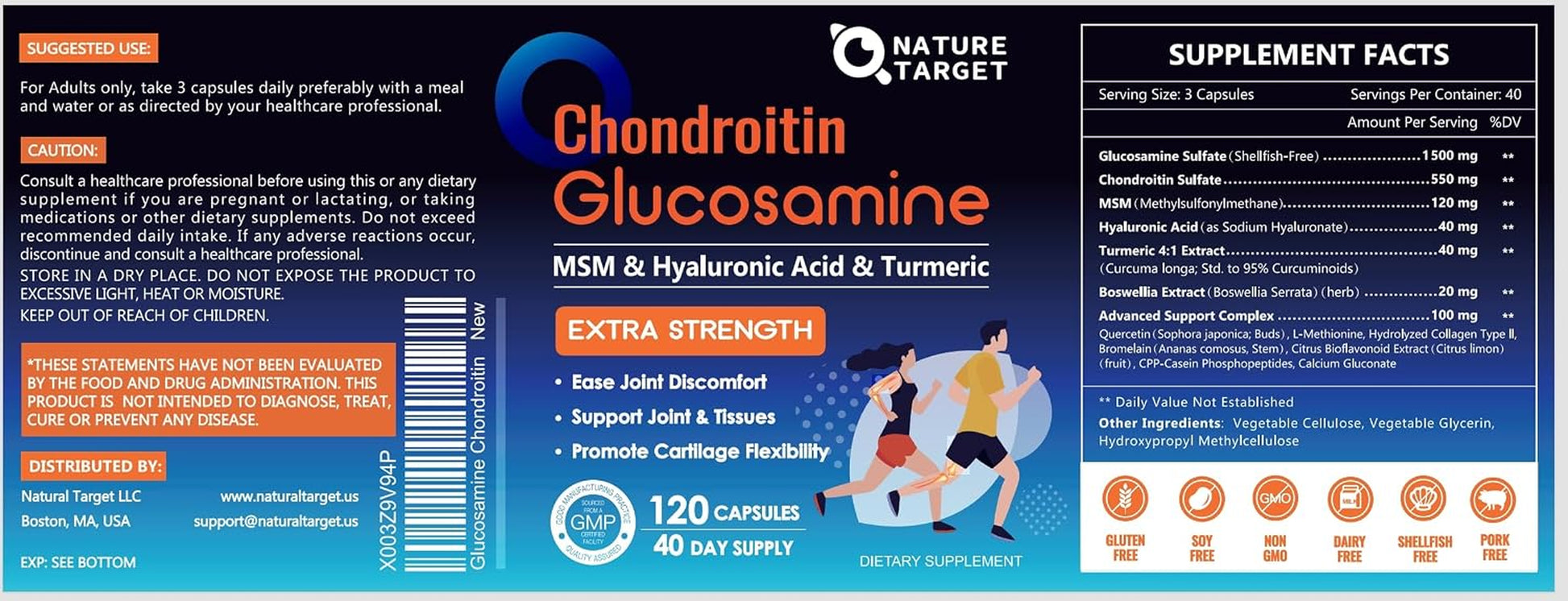 Glucosamine Chondroitin MSM, Joint Support Supplement, Shellfish Free, Turmeric Boswellia, Hyaluronic Acid, Collagen, Calium for Cartilage and Bone Health,120 Capsules, 40 Servings