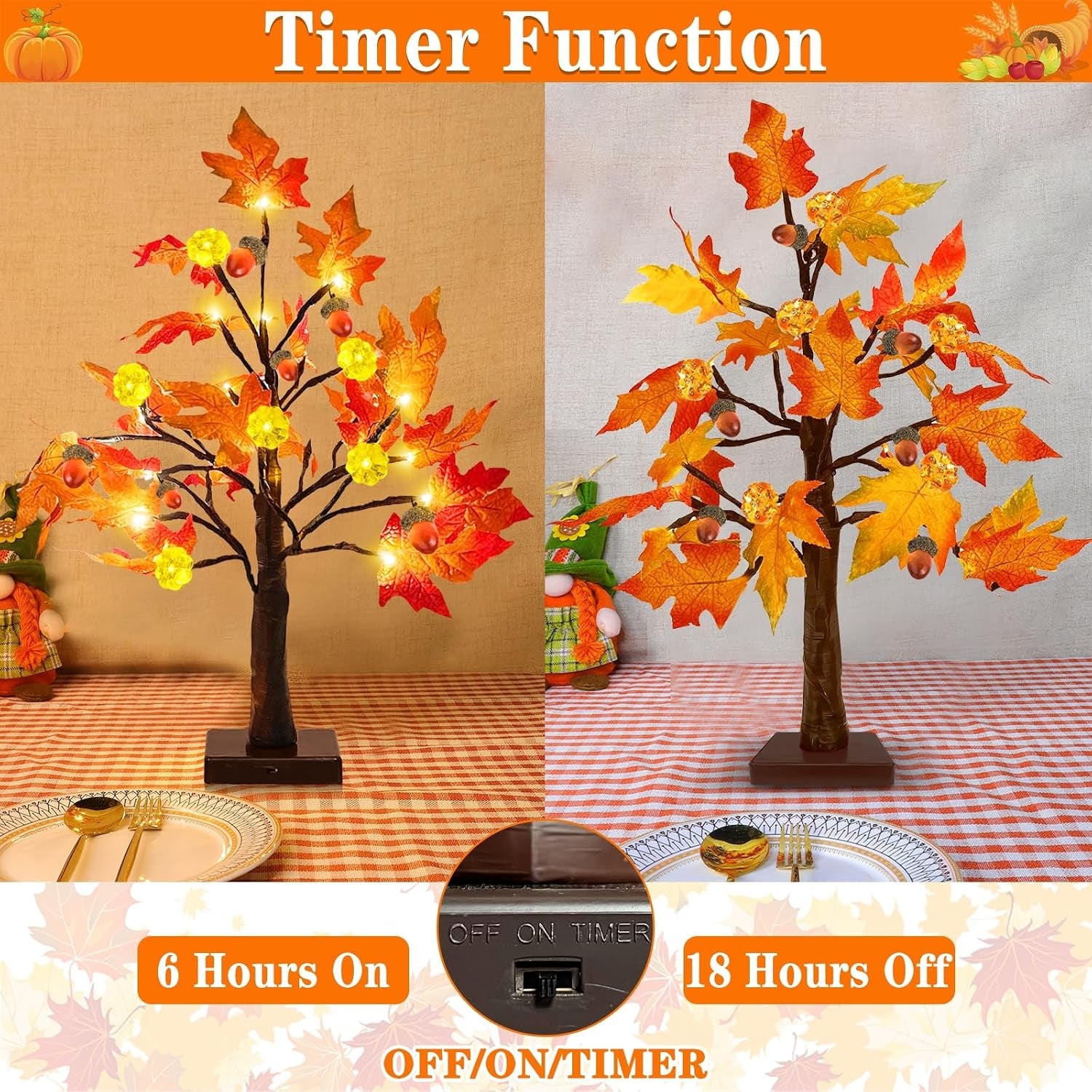 Fall Decor 2 Pack 18 Inch Prelit Fall Maple Tree Fall Decorations for Home with 48 Leds Timer Battery Operated Pumpkin Lights Lighted Thanksgiving Halloween Decor Table Mantle Indoor Outdoor