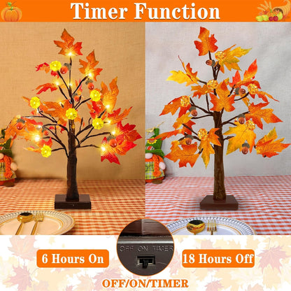 Fall Decor 2 Pack 18 Inch Prelit Fall Maple Tree Fall Decorations for Home with 48 Leds Timer Battery Operated Pumpkin Lights Lighted Thanksgiving Halloween Decor Table Mantle Indoor Outdoor
