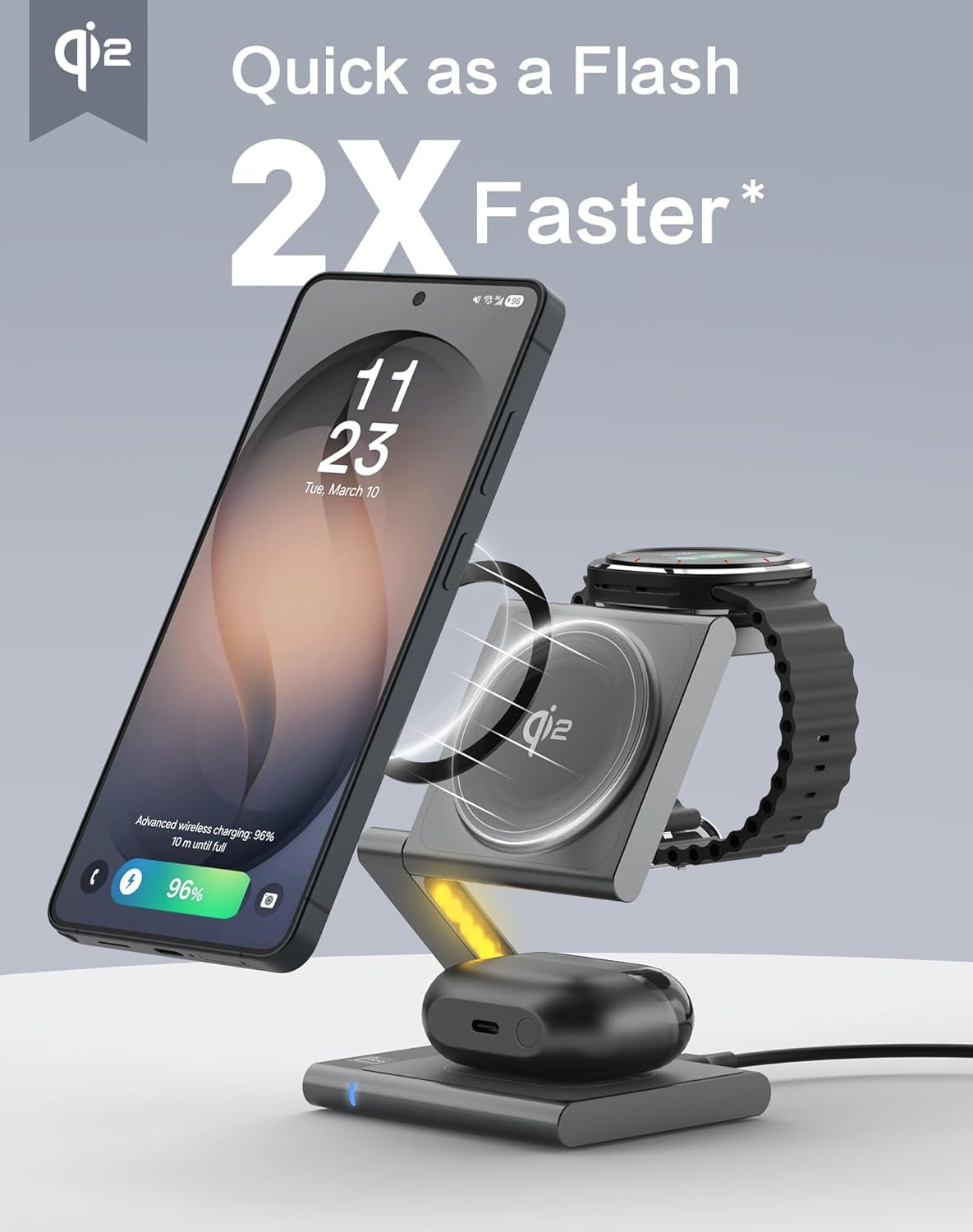 4 in 1 Wireless Charging Station for Samsung, Foldable Aluminum Magnetic Charger with LED Light for Samsung Galaxy S25/Ultra/S24/S23/S22, Galaxy Watch 8/7/6/5, Galaxy Buds/Pro