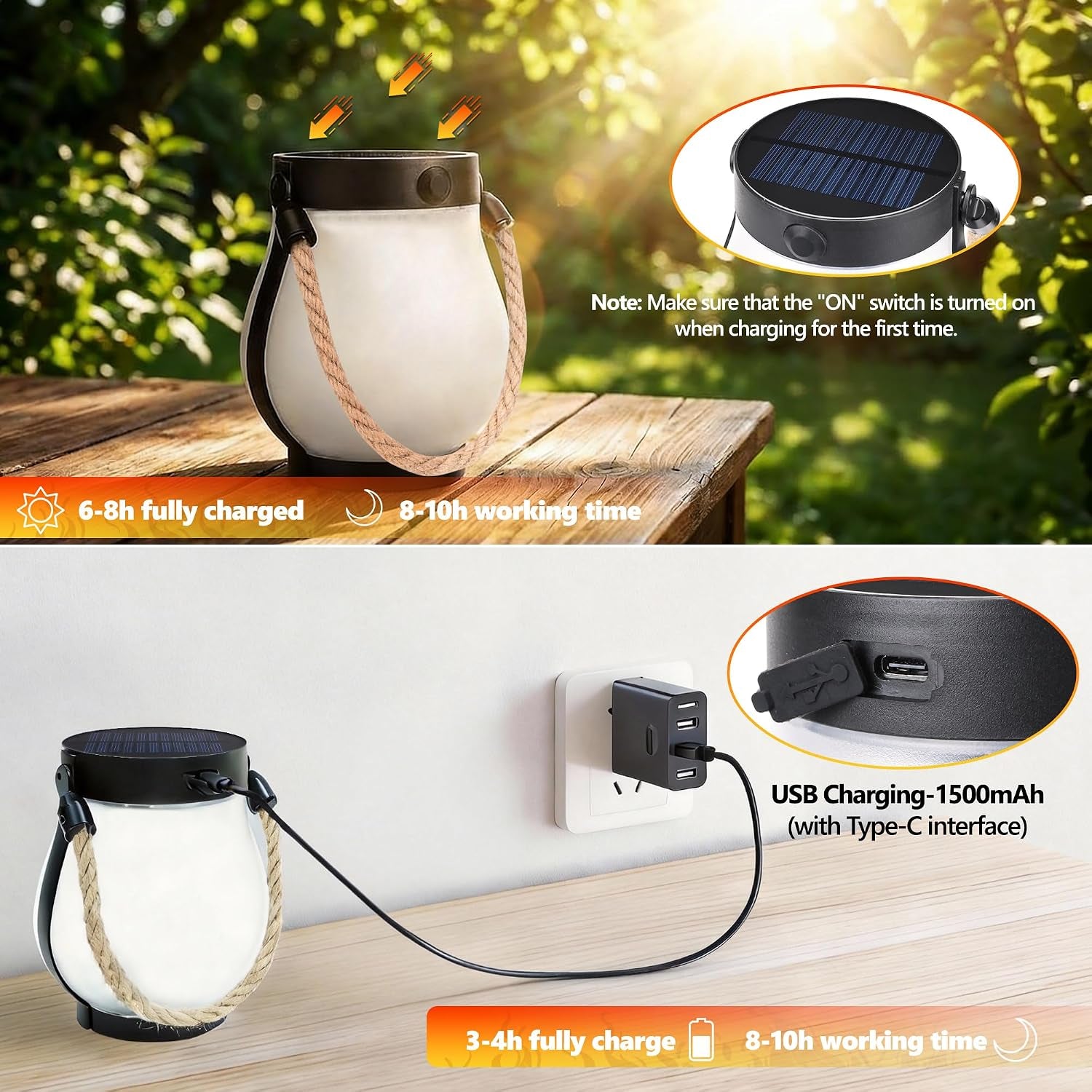 Solar Lanterns Outdoor Lights, 2 Pack Waterproof Flickering Flame Hanging Lanterns with 2 Modes, Dual Charging Usb/Solar Solar Lights for Camping Patio Garden Yard Porch Deck Outdoor Decor