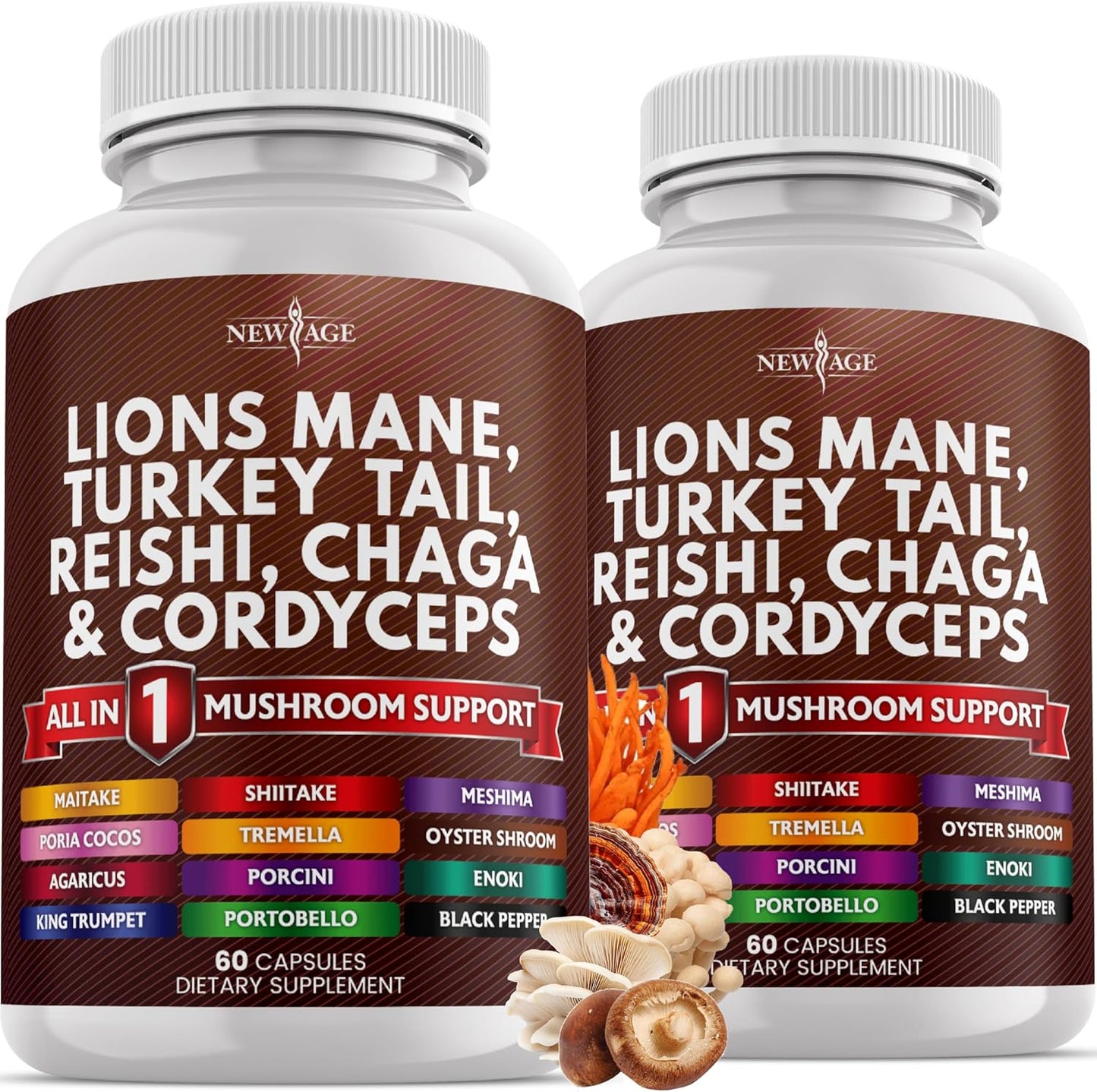 Lions Mane Mushroom Supplement with Turkey Tail Reishi Cordyceps Chaga with Marshmallow Root - 120 Count