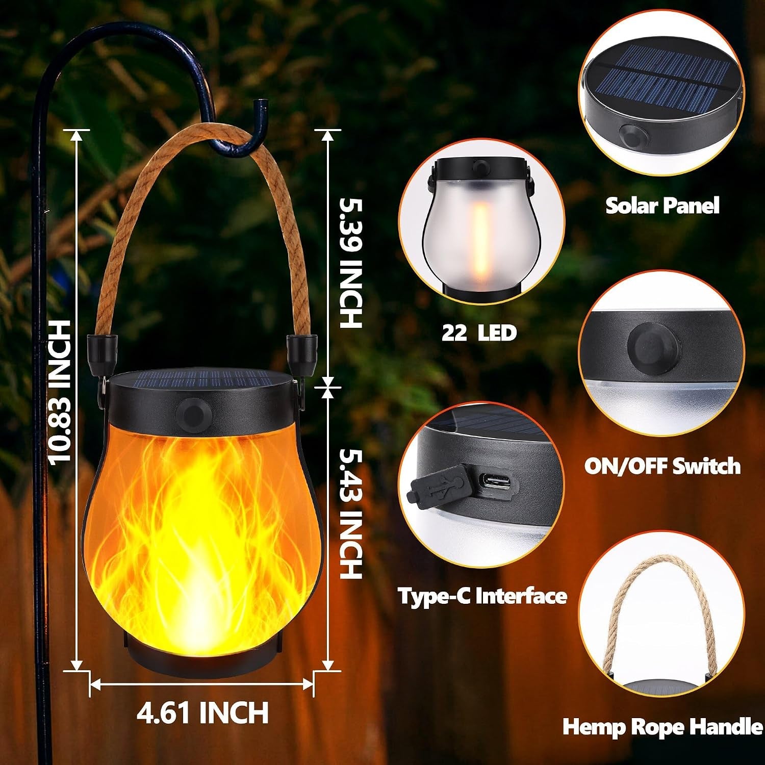 Solar Lanterns Outdoor Lights, 2 Pack Waterproof Flickering Flame Hanging Lanterns with 2 Modes, Dual Charging Usb/Solar Solar Lights for Camping Patio Garden Yard Porch Deck Outdoor Decor
