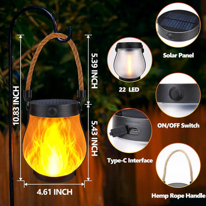 Solar Lanterns Outdoor Lights, 2 Pack Waterproof Flickering Flame Hanging Lanterns with 2 Modes, Dual Charging Usb/Solar Solar Lights for Camping Patio Garden Yard Porch Deck Outdoor Decor