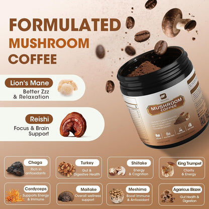 Mushroom Coffee -10 Mushroom Instant Coffee Powder with Lion'S Mane, Reishi, Chaga, Cordyceps, and Turkey Tail | Mushroom Coffee Alternative for Immune Boost, Mental Clarity & Focus, Digestion Health