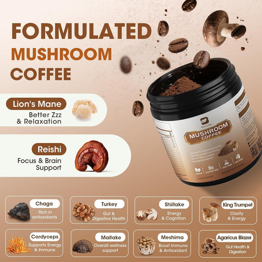 Mushroom Coffee -10 Mushroom Instant Coffee Powder with Lion'S Mane, Reishi, Chaga, Cordyceps, and Turkey Tail | Mushroom Coffee Alternative for Immune Boost, Mental Clarity & Focus, Digestion Health
