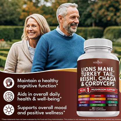 Lions Mane Mushroom Supplement with Turkey Tail Reishi Cordyceps Chaga with Marshmallow Root - 120 Count