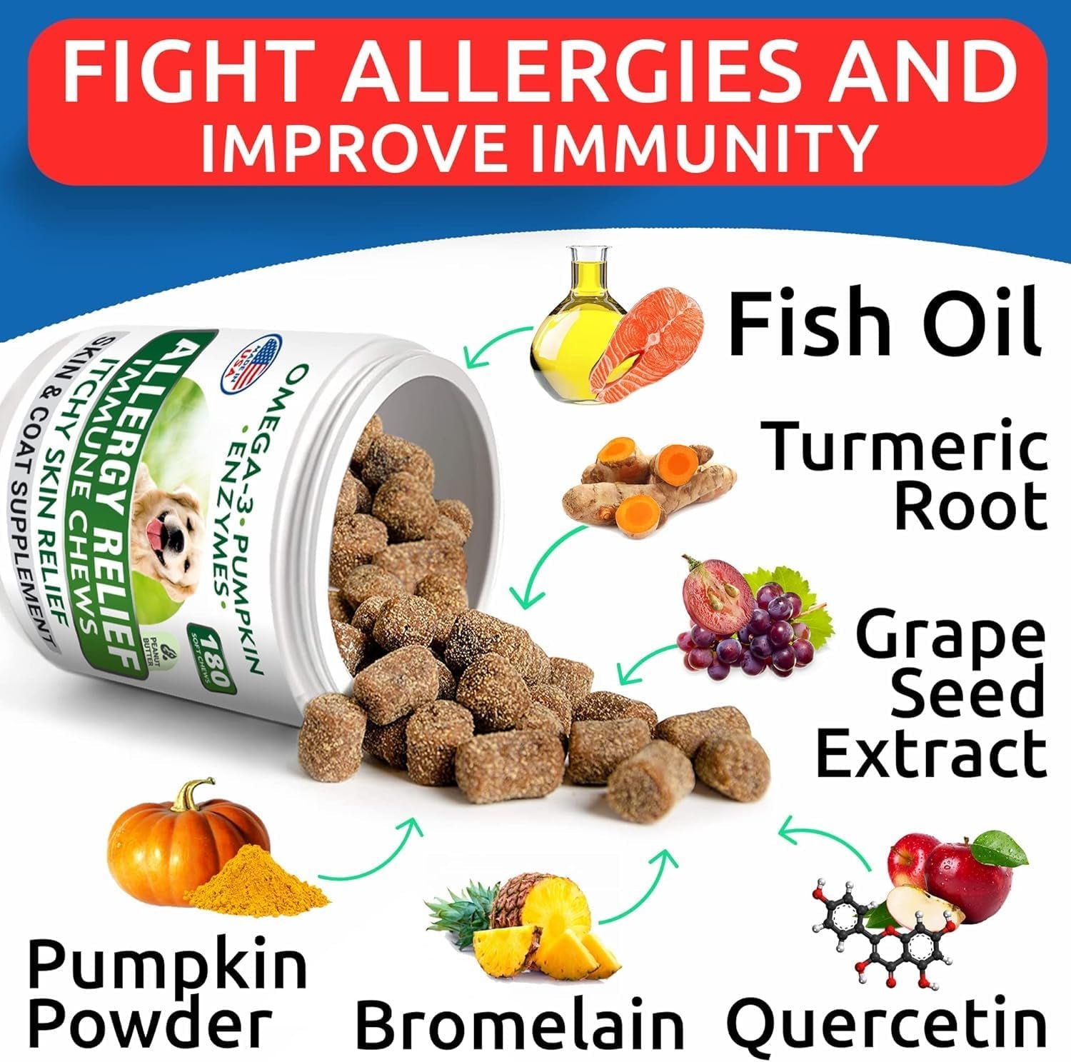 Dog Allergy Relief Soft Chews for Skin Health & Seasonal Allergies - Anti-Itch Supplement W/Omega-3, Quercetin & Bromelain Immune Treats for Dry Skin & Hot Spots - Peanut Butter - 180Ct